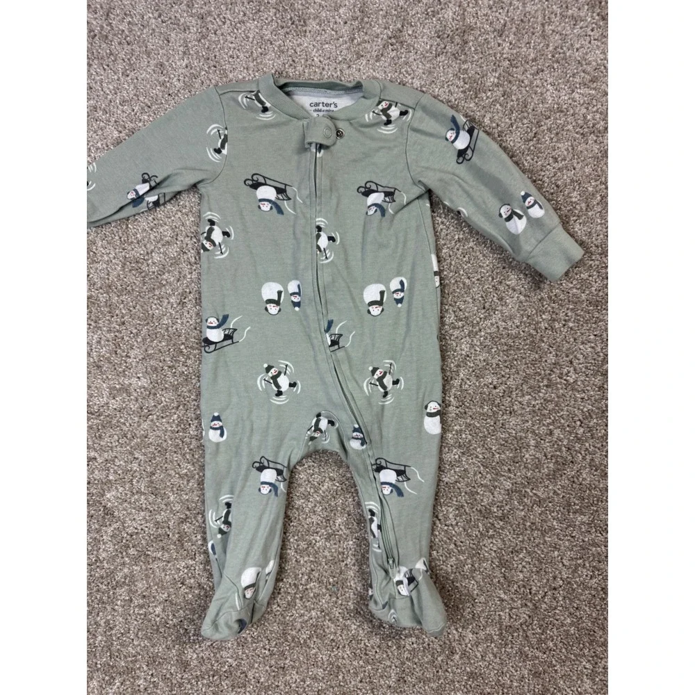 Carters Child of Mine Baby Sage Green Penguin Winter Footed Pajama 3-6 Months